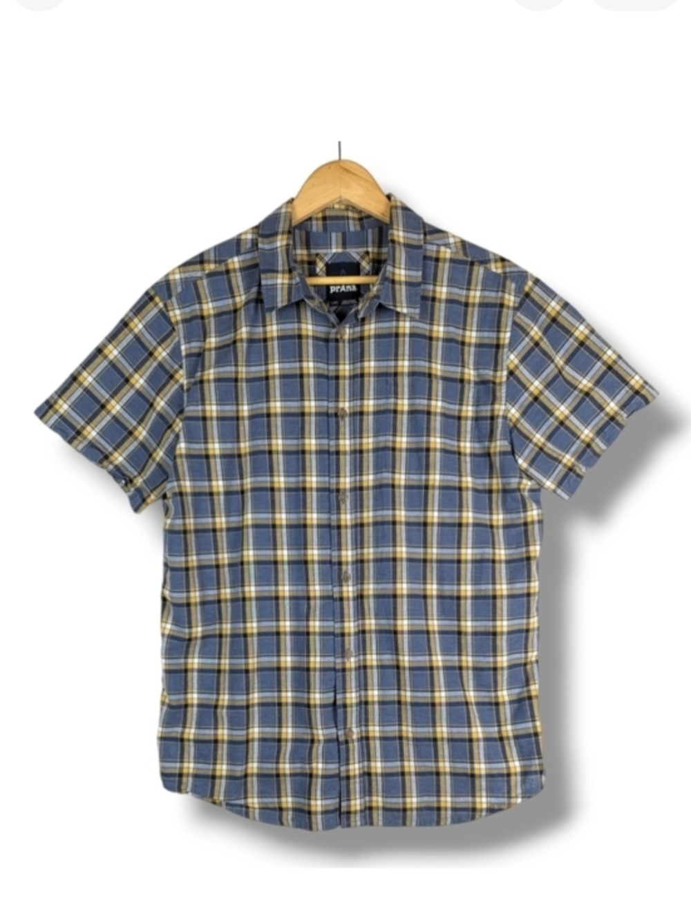 Prana Plaid‎ Button Front Shirt Large Blue Gold